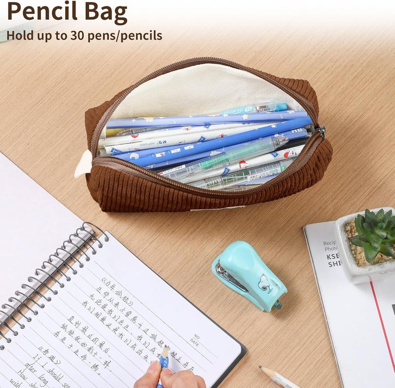 Purbert Pencil Bag Pen Case, Soft Corduroy Small Pencil Pouch Organizer with Zipper, Cute Pencil Case Pouch Stationery for Girls and Boys – Brown - Image 5